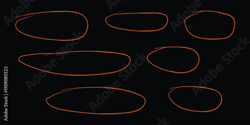 An abstract arrangement of eight irregular shapes outlined in red and blue on a black background