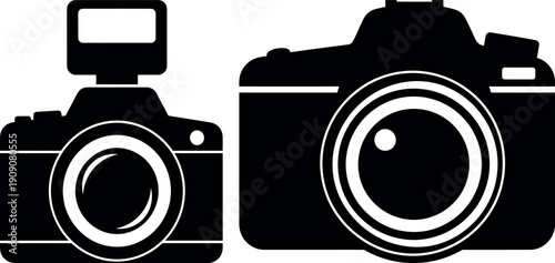 Digital camera icon set with external flash for photography