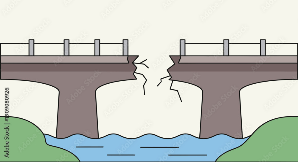 Fotografie Broken bridge over river, structural failure, concept of connection lost