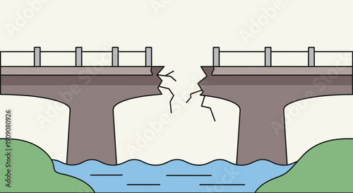 Broken bridge over river, structural failure, concept of connection lost