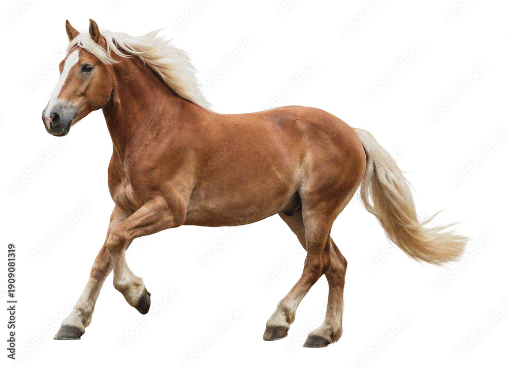Obraz premium majestic chestnut horse with a flowing blonde mane galloping across a dark background, captured in motion with a sense of freedom and power.