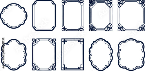 Navy Blue Ornamental Frame and Border Set Featuring Elegant Moroccan Arabesque and Decorative Geometric Labels for Sophisticated Branding and Stationery Design