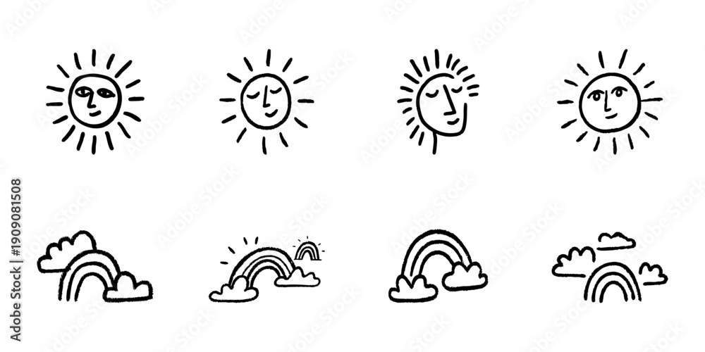 Obraz premium Sun And Rainbow Line Icon Set In Doodle Style. Weather, Nature, And Climate Symbols Outline Sketch Collection. Hand Drawn Isolated Vector Illustration