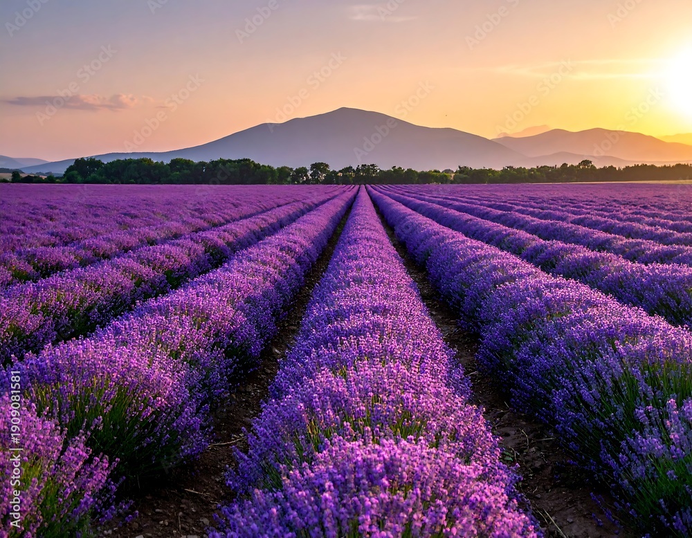 Fototapeta premium A serene field of purple flowers at sunset with mountains