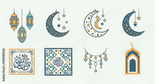 Vector design elements for Islamic holidays like Ramadan and Eid. Collection includes traditional lanterns, crescent moons, stars, patterns, and arch motifs for cultural celebration projects