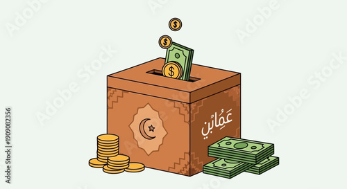 Charity Box with Money and Coins - Islamic Donation Concept