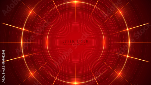 Abstract red technology background with glowing gold circular lines and light rays