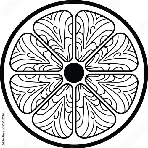 Simple line art black and white design with large circle and segmented interior shapes with small inner circle