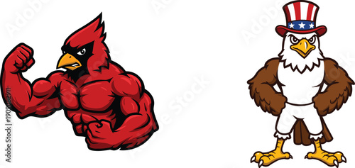 Muscular cardinal mascot flexing, patriotic bald eagle with Uncle Sam hat, American sports rivalry, strong bird characters, USA national symbolism