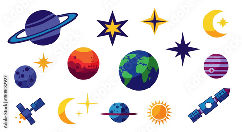 Colorful Space Planets, Stars, Sun, Moon, and Satellites Vector Icons
