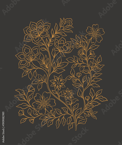 Mughal Floral Branch Gold Line Art, Traditional Oriental Botanical Ornament, Vintage Islamic Vector Illustration