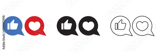 Social Media Like and Heart Icons Set. Collection of like and heart icons in speech bubbles, featuring black, blue, red, and outline styles for social media design.

