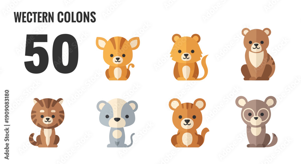 Fototapeta premium Cute Cartoon Animal Collection: 50 Western Wildlife Icons