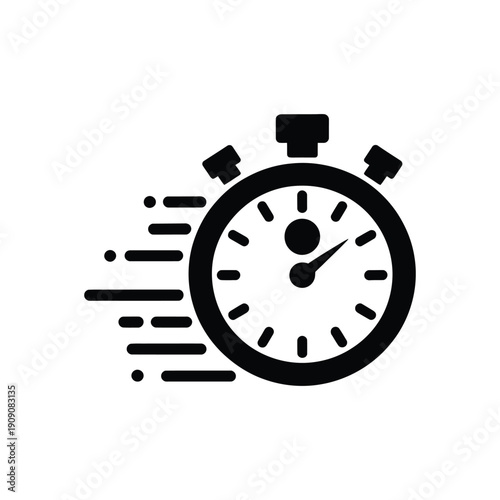 A black and white illustration of a stopwatch with motion lines