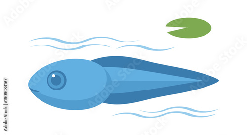 Cute Blue Tadpole Swims in Water with Lily Pad