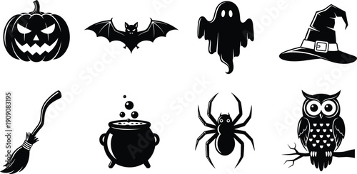 Halloween icon set with spooky pumpkin, bat, ghost, witch hat, broomstick, bubbling cauldron, spider, and owl on branch, flat vector illustration