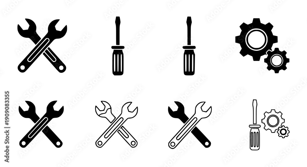 Fototapeta premium Vector set of black and white tools icons, including wrenches, screwdrivers, and gears, for repair or maintenance mockup, overlay effect, or website isolated PNG with Transparent Background