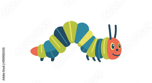 Schilderij op canvas Cute Cartoon Caterpillar Character, Colorful Insect, Isolated on White