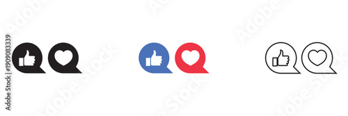 Social Media Like and Heart Icons Set. Collection of like and heart icons in speech bubbles, featuring black, blue, red, and outline styles for social media design.

