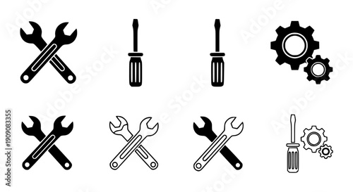 Vector set of black and white tools icons, including wrenches, screwdrivers, and gears, for repair or maintenance mockup, overlay effect, or website isolated PNG with Transparent Background