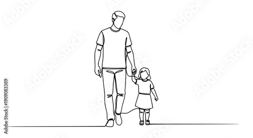 Continuous line drawing of a man and little girl holding hands walking, for illustration or graphic design isolated PNG with Transparent Background