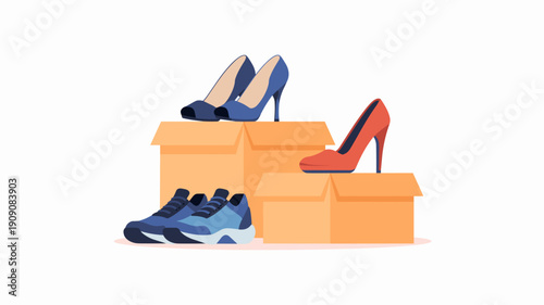 Various shoes arranged on cardboard boxes, including blue sneakers and red and blue high heels