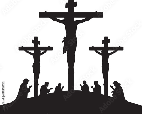 Crucifixion of Jesus Christ on Golgotha Hill with Mourners white background