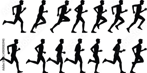 Silhouette of man running sequence, jogging motion, athletic fitness, sport exercise, speed training, healthy lifestyle, marathon runner, movement stages, male athlete