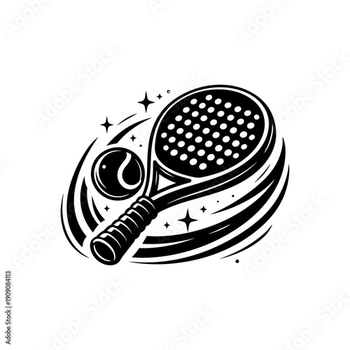 Padel Racket and Ball Black and White Vector Icon – Sports Symbol Illustration