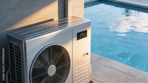 Modern Pool Heat Pump on a Sleek Outdoor Patio