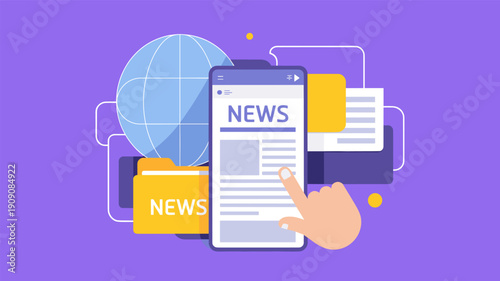 Modern mobile application interface for reading world news showing newspaper layout on screen and colorful folders