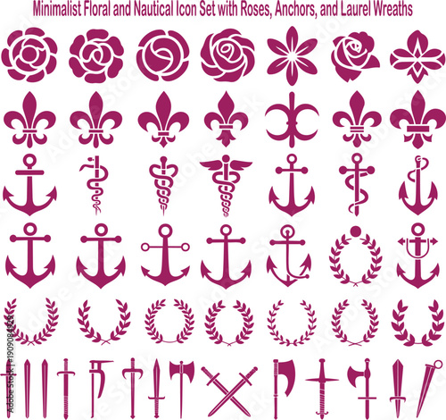 A large collection of minimalist magenta floral and nautical icons with roses, anchors, and wreaths