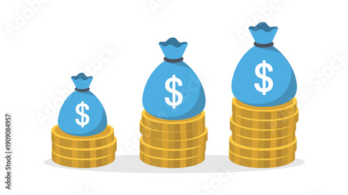 Concept showing stacks of gold coins increasing in height with blue money bags on top representing financial growth