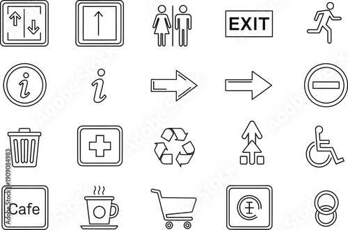 A collection of public facility icons for navigation and information in buildings and maps.