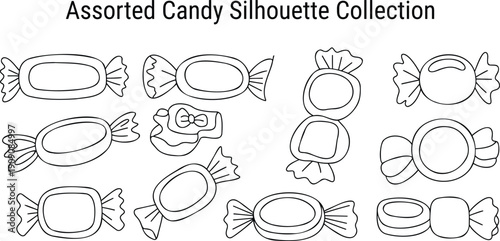 A variety of simple outline wrapped candies displayed in rows on a clean white background