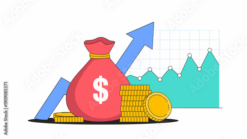 Money growth concept vector illustration. red money bag with dollar sign, stack of coins, rising arrow