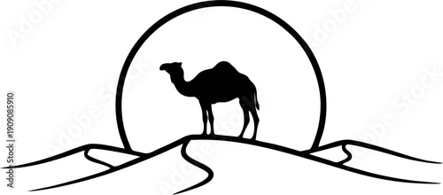 Camel Silhouette in Desert Dunes with Sun, Minimal Line Art Landscape Illustration