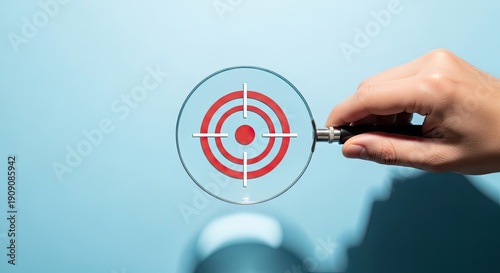 Hand holding magnifying glass over target symbol on blue background.