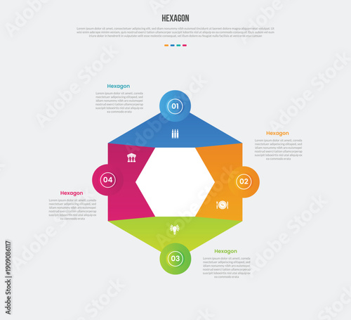 hexagon or hexagonal base shape infographics gradient template diagram with empty blank space center with big shape on part with circle badge on top with 4 point step creative