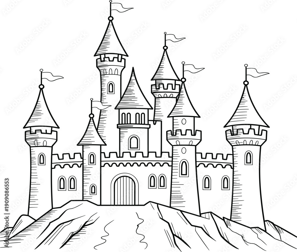 Fototapeta premium Hand drawn fairytale fantasy castle vector, medieval royal fortress with towers and flags for kingdom design