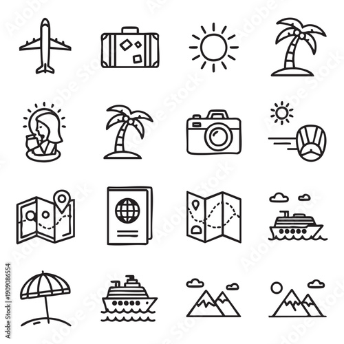 Collection of travel icon illustrations featuring airplane, luggage, and tropical elements.