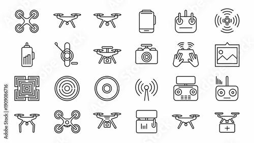 Comprehensive collection of drone line icons representing aerial technology remote control and photography equipment