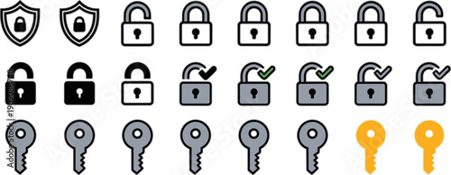 Collection of security lock and key icons for digital protection and access control systems in various style designs