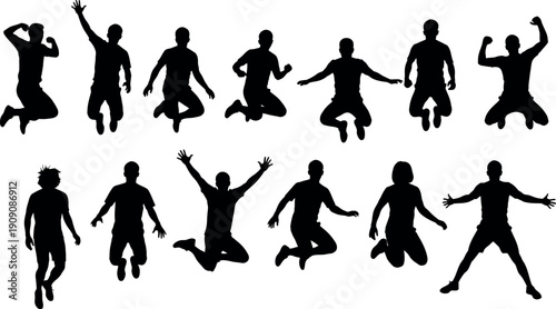Collection of black silhouettes of people jumping and celebrating