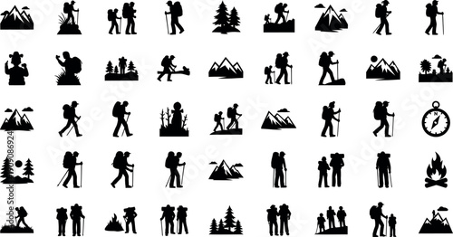 Mountain hiking silhouette icons for outdoor adventure and travel