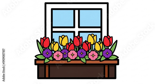 Colorful tulips and flowers on a wooden window box sill with green leaves and a white window frame