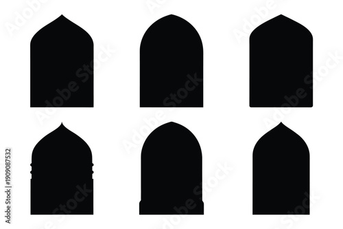 A collection of six black arched window shapes presented as a striking silhouette