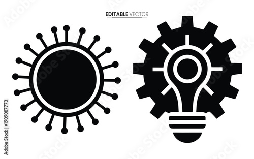 Two black icons representing a virus and a lightbulb gear modern style silhouette