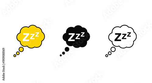 Set of three thought bubble icons clearly illustrating the concept of sleeping or dreaming visually.