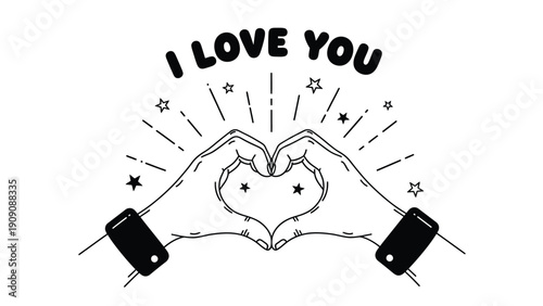 Black and white illustration of hands forming a heart shape declaring eternal love